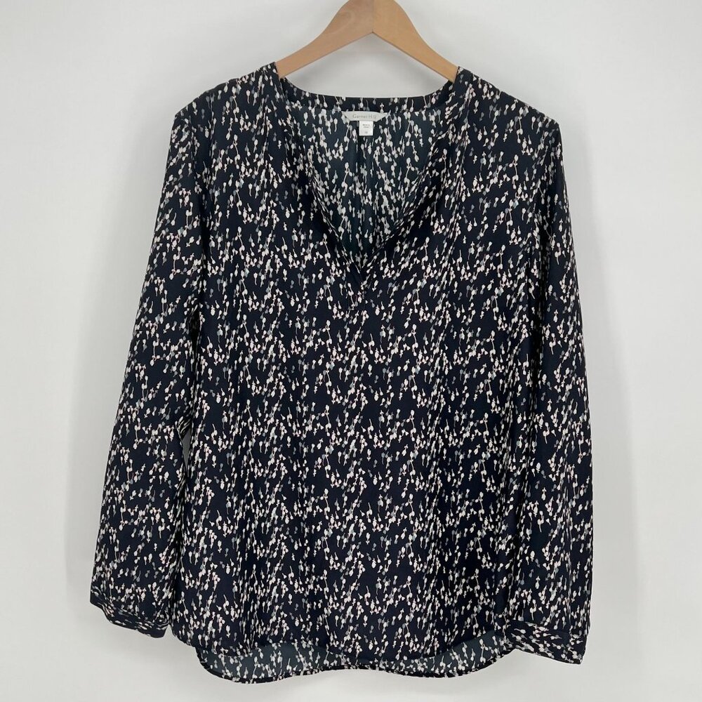 Garnet Hill Womens 100% Silk Floral Print Blouse Size 16 Navy Blue Long‎ Sleeves